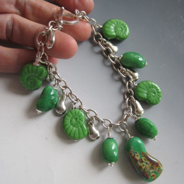 sterling=green glass-kidney-charm-bracelet